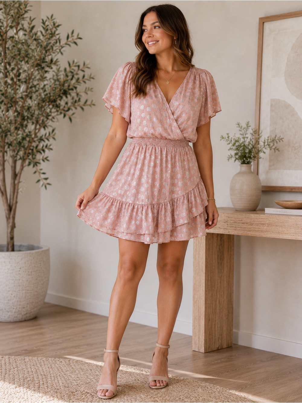 Michael Kors Blush Pink Metallic Dot Ruffle Dress – Size XL